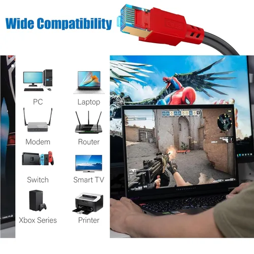 Vista 4 de Cable Ethernet Cat8, para interior y exterior, 1.5 pies, Cable de red de Internet resistente de alta velocidad, cable LAN profesional, 2000Mhz