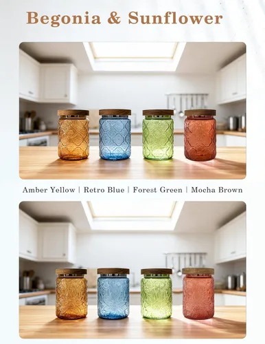 Vista 6 de Tarros de vidrio con tapas de madera herméticas, juego de 4 recipientes de almacenamiento vintage de 24 onzas para cocina, despensa, baño, hermosos