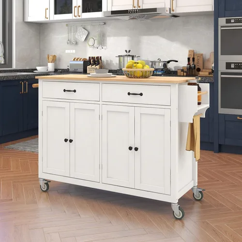 P PURLOVE Carrito de isla de cocina con parte superior de madera y ruedas de bloqueo, carrito móvil de isla de cocina con armario de 4 puertas,