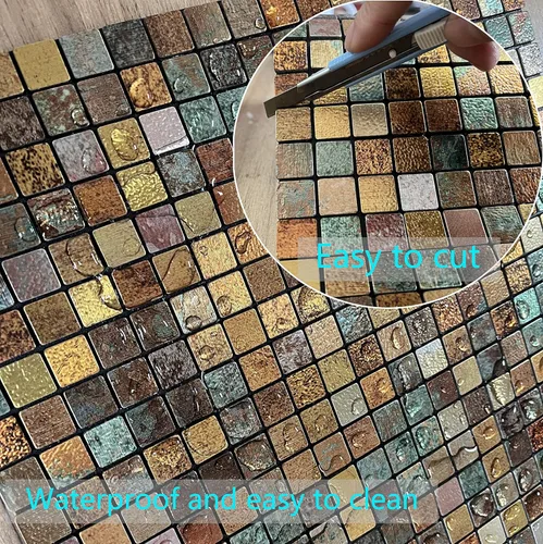 Vista 3 de XUANINY Azulejos de protección contra salpicaduras para cocina, baño, chimenea, mosaico de aluminio metálico autoadhesivo (12 x 12 pulgadas)