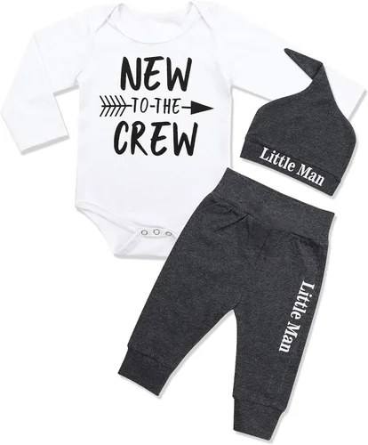 Fommy Ropa de bebé recién nacido, mameluco con estampado de letras y pantalones + sombrero, traje de 3 piezas