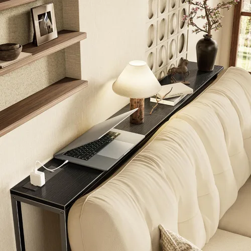 Vista 4 de SUPERJARE Mesa consola con tomacorriente, mesa de sofá de 63 pulgadas con estación de carga, mesa de entrada estrecha, mesa de pasillo delgada, mesa