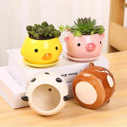 Vista 5 de Gaolinci Macetas de cerámica con forma de animal lindo cactus suculento con bandeja (planta no incluida) (pequeño, pato)