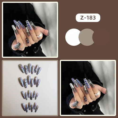 Vista 3 de Uñas postizas largas acrílicas artificiales a presión, diseño de serpiente azul, diseño de diamantes de imitación, uñas postizas cuadradas