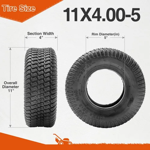 Vista 3 de HALBERD Neumáticos para cortacésped de 11 x 4.00-5, neumáticos 4PR para césped y jardín para tractor de jardín, cortacésped, sin cámara (11 x 4-5)