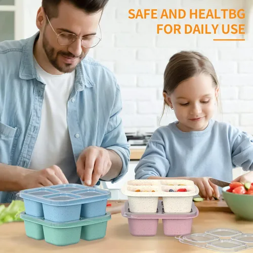 Vista 6 de Cajas Bento para Aperitivos (Paquete de 4) - Contenedores Reutilizables de 4 Compartimentos para Preparación de Comida para Niños y Adultos