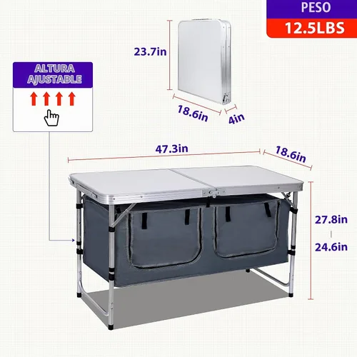 Vista 3 de Nice C - Mesa de almacenamiento para campamento, mesa plegable ajustable en altura, ligera Camp Storage Kitchen Table, Aluminum, Carry Handle
