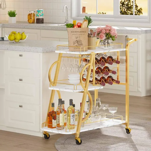 Vista 8 de Carrito de Bar, Carrito de Bar Dorado para el Hogar, Carrito de Servicio con Soporte para Copas de Vino, Carrito de Bebidas de 3 Niveles con Ruedas