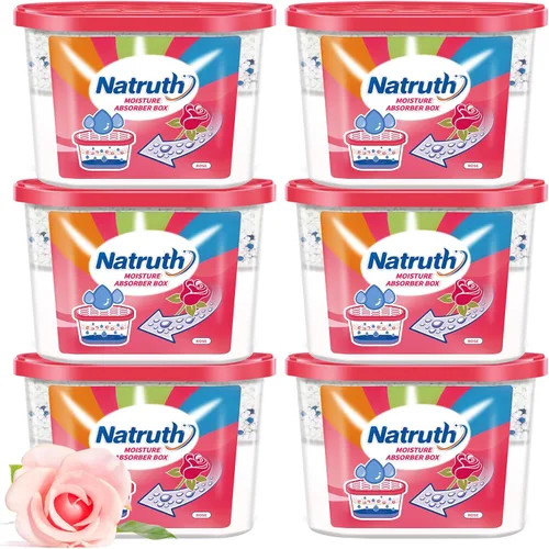 NATRUTH Cajas absorbentes de humedad (6 paquetes), 12.5 onzas con aroma a rosa, deshumidificador portátil de armario, cubo absorbente de olores,