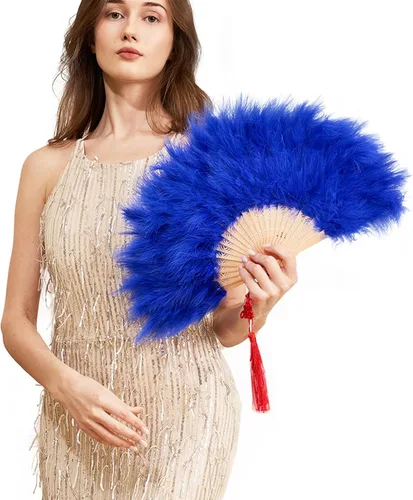 Vista 7 de Happy Feather Abanico de mano con plumas de marabú, estilo vintage de los años 1920, para disfraz y baile - Azul Ácido