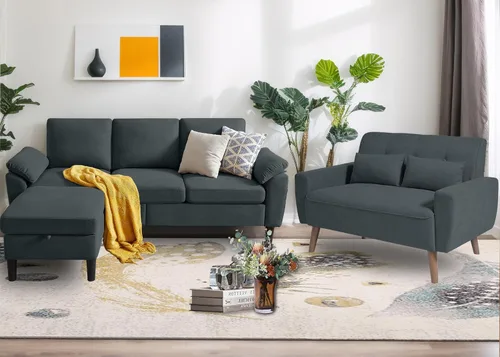 Vista 11 de Juego de sofás modulares de 3 piezas, sofás de 3 plazas en forma de L y sofá biplaza con sillón y otomana de almacenamiento para sala de estar, Verde