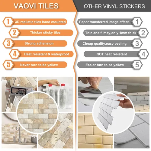 Vista 7 de VAOVI Azulejos de cocina para despegar y pegar para salpicaduras de metro autoadhesivos, adhesivos de pared para baño (10 hojas, Marrón Oro)