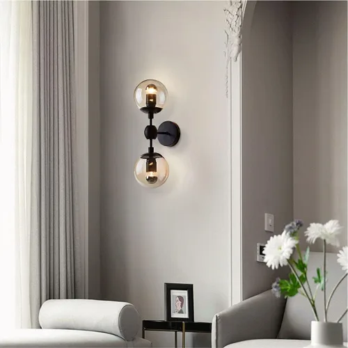 Vista 6 de Modo Lighting Industrial Wall Sconce Lighting Black Wall lamp 2 Lights Mid-Century Vanity Light Fixture with Globe Glass Shade for Bedroom Study