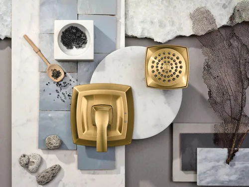 Vista 9 de Moen Voss Brushed Gold Posi-Temp Posi-Temp Pressure Balancing Shower Trim Featuring Showerhead and Shower Lever Handle, Valve Required, T2692BG