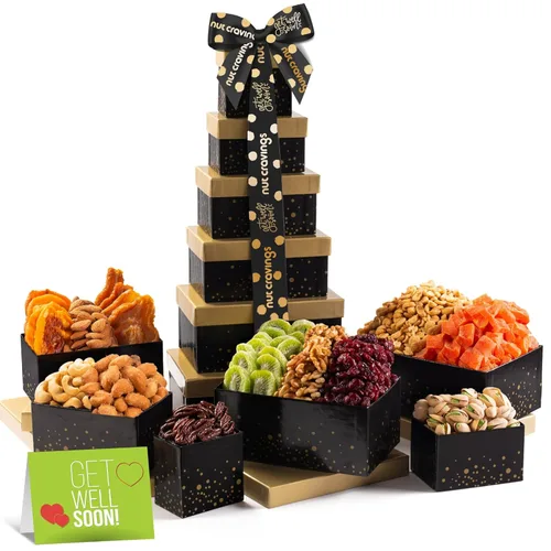 Vista 10 de NUT CRAVINGS - Cesta de regalo para el día de la madre, frutas secas y frutos secos mixtos, torre roja + cinta de corazón (12 surtidos), arreglo