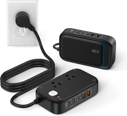 Regleta de alimentación 7 en 1, regleta de alimentación PD USB C de 85W con 3 USB-C, 2 puertos USB-A y toma de corriente AC de 2500W, enchufe plano