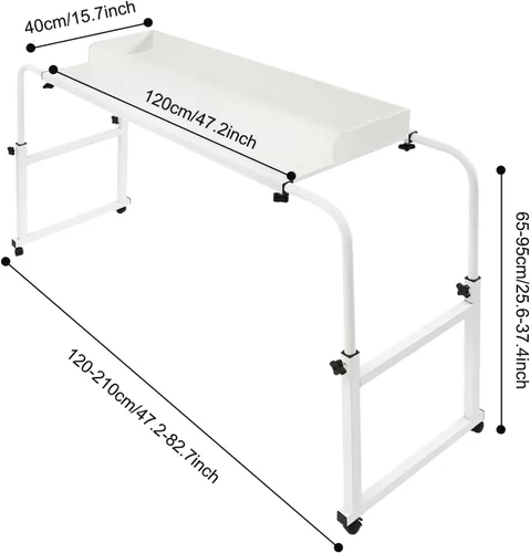 Vista 2 de Mesa enrollable ajustable con ruedas – Escritorio de madera expandible para laptop, altura ajustable, color blanco, perfecto para estaciones