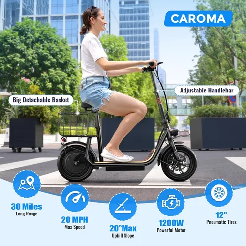 Vista 88 de Caroma Electric Scooter with Seat, Max 30 Miles Range&20MPH Speed, Peak 800/1200W Motor, Foldable Electric Scooter for Adults and Teens, Commuter E