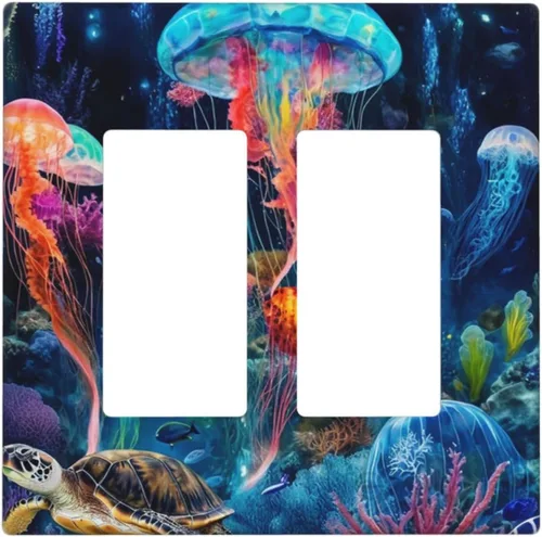 Vista 94 de Placa decorativa para interruptor de luz, medusas, tortugas marinas, fantasía, océano, 2 bandas, 1 palanca, 1 placa de pared dúplex, cubiertas