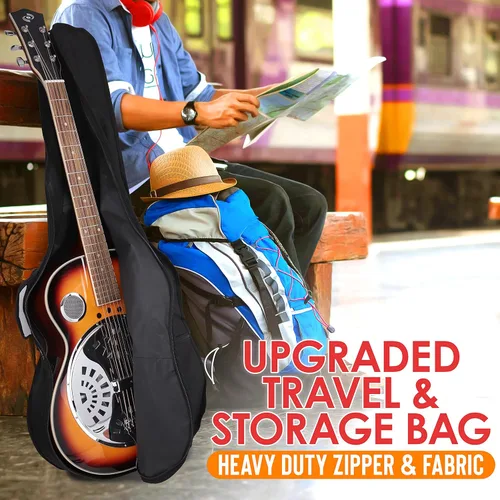 Vista 7 de Pyle Resophonic - Guitarra acústica eléctrica, 6 cuerdas Sunburst con preamplificador integrado, funda, accesorios