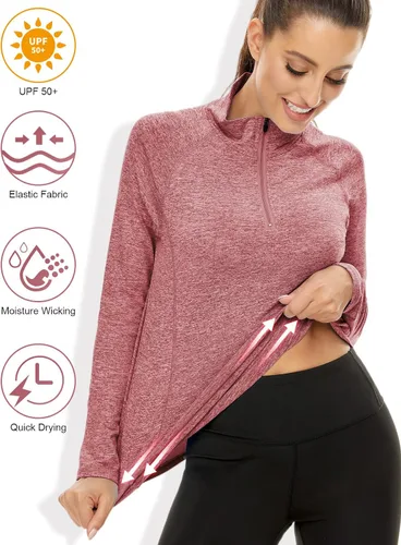 Vista 4 de LURANEE Sudadera de manga larga con cremallera de 14 para mujer, UPF 50+, para senderismo, correr, entrenamiento