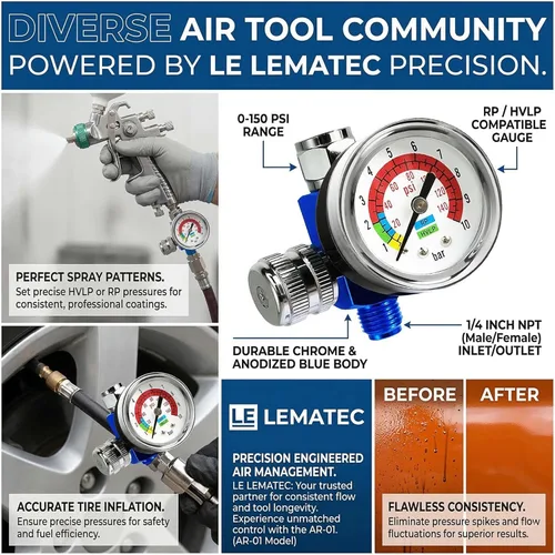 Vista 9 de LE LEMATEC Regulador de compresor de aire y válvula de control de flujo con manómetro - para herramientas neumáticas, pintura en aerosol, inflado