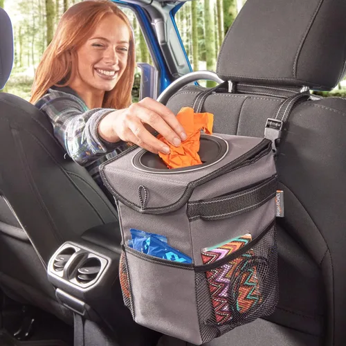 Vista 8 de High Road StashAway - Bote de basura resistente de servicio pesado para automóvil con tapa de goma, 3 bolsillos de almacenamiento y paneles