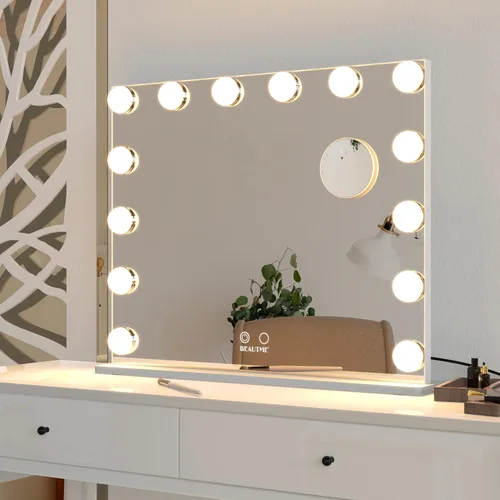 Vista 13 de ANYHI Espejo de tocador con luz, espejo de maquillaje grande Hollywood iluminado, 14 bombillas LED regulables, control táctil inteligente, montaje