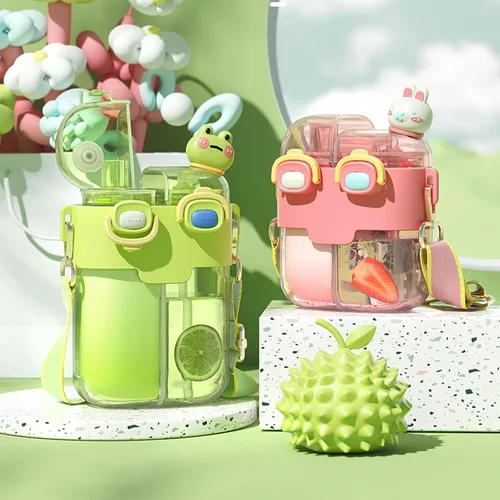 Vista 3 de Fdit Botellas de agua Kawaii con pajilla, botella de agua doble de plástico a la moda, correa ajustable para deportes, fitness, gimnasio, campamento