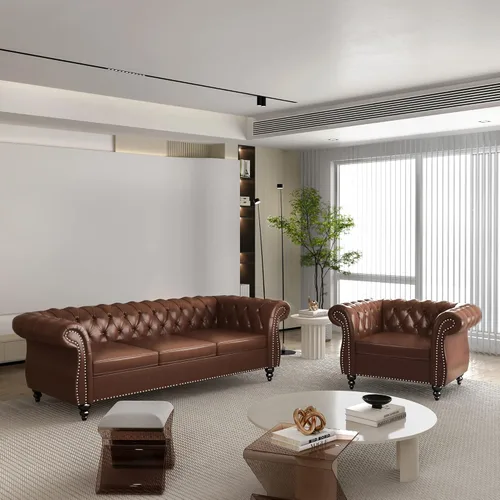 Vista 33 de Juego de 2 piezas para sala de estar, sofá Chesterfield de cuero con reposabrazos enrollados y tachuelas para sala de estar, oficina (negro)