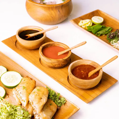 Rainforest Bowls Juego de 3 cuencos de madera de teca javanesa con bandeja y 3 cucharas, aptos para bebidas calientes y frías, ultra duraderos