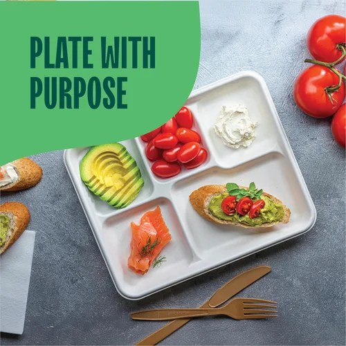 Vista 7 de Plato de papel 100% compostable, paquete de 125 unidades bandeja de 5 compartimientos desechable de calidad resistente, ecológica hecha de fibras