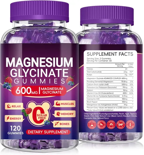 Vista 21 de Gomitas de glicinato de magnesio de 600 mg, gomitas masticables sin azúcar con glicinato de magnesio, vitamina D, B6 y CoQ10 para dormir