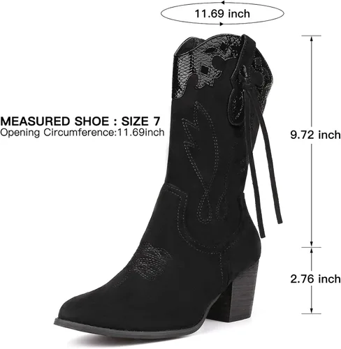 Vista 7 de SHIBEVER Botas vaqueras vaqueras para mujer botas occidentales negras para mujer, tacón alto, gamuza, cremallera, media pantorrilla