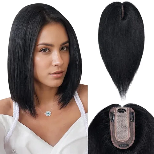 Vista 23 de Benehair Extensión de cabello humano con clip y flequillo fino, hecha a mano, base de seda, extensión de cabello liso y suave para mujeres, pérdida