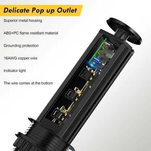 Vista 4 de Kungfuking Toma de corriente desplegable para encimera, enchufe con 3 salidas de CA y 2 PD 20 W USB-C y 1 puerto USB, oficina de conferencias