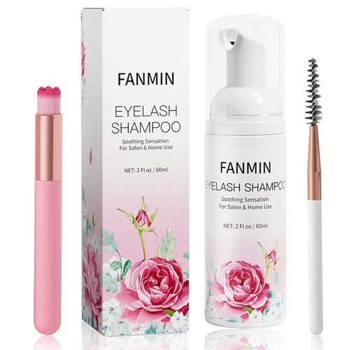 Limpiador de extensiones de pestañas de 2.3 fl oz + varita de rímel + cepillo limpiador espumoso de párpados, lavado de pestañas y baño de pestañas