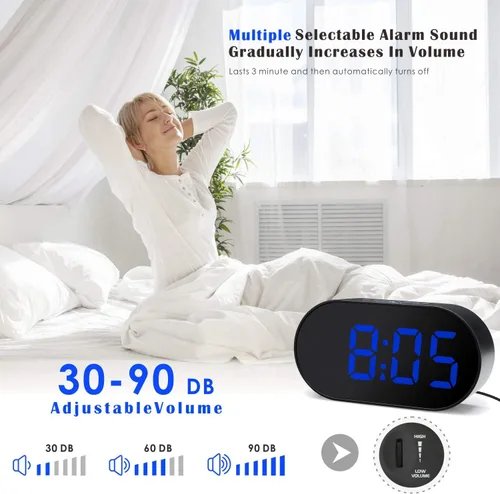Vista 4 de Plumeet [Versión actualizada] Reloj despertador LED digital con atenuador de brillo ajustable y volumen de alarma, pantalla de dígitos azules de 12