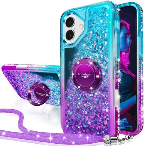 Vista 42 de Silverback Funda para iPhone 15, funda con purpurina holográfica líquida en movimiento con soporte, para niñas y mujeres, funda protectora