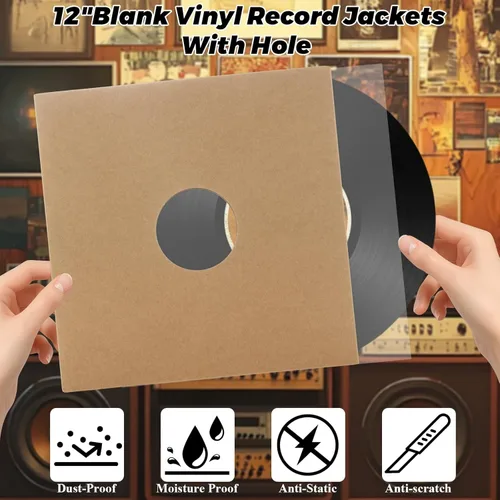 Vista 4 de 10 Pack 12 Inch Vinyl Record Sleeves, 350GSM Record Jackets with Center Hole, Blank LP Album Covers for Vinyl Storage, Replacement Record Jacket