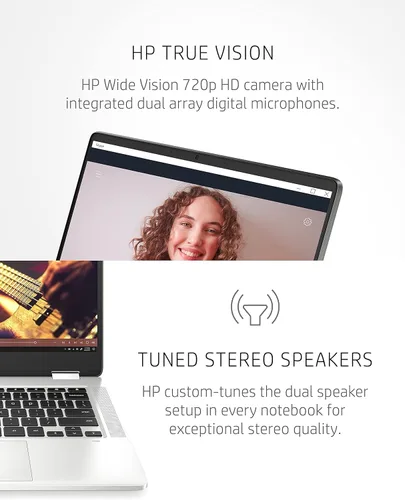 Vista 5 de HP - Laptop Chromebook x360 14a 2 en 1, Intel Pentium Silver N5000, 4 GB RAM, 64 GB eMMC, pantalla HD de 14", Chrome OS, cámara web, micrófonos