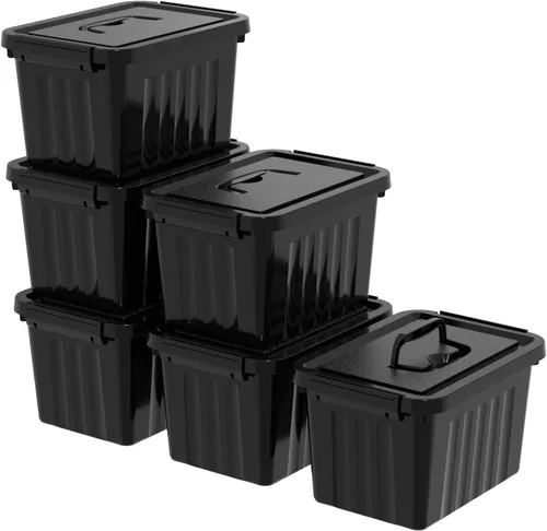 Cubo de almacenamiento de plástico negro con tapa transparente y asa gris, 6 paquetes
