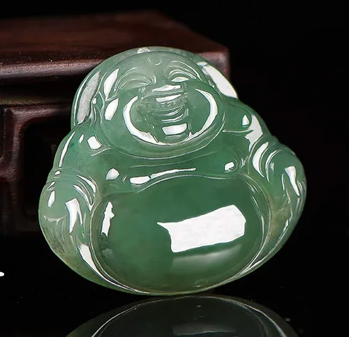 Vista 3 de Colgante de amuleto de estatua de Buda Maitreya de jadeíta de jade verde natural