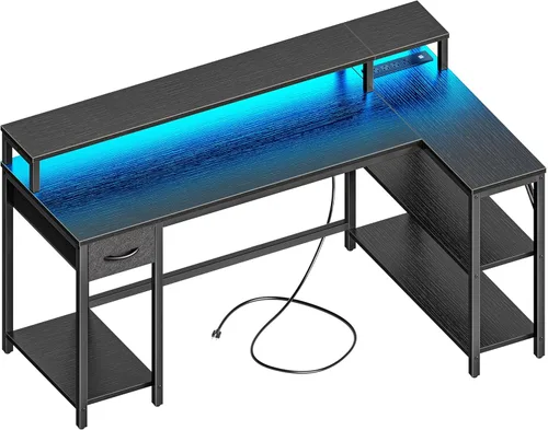 Vista 17 de SUPERJARE Escritorio para juegos en forma de L de 47 pulgadas con luces LED y tomas de corriente, escritorio reversible para computadora con Negro