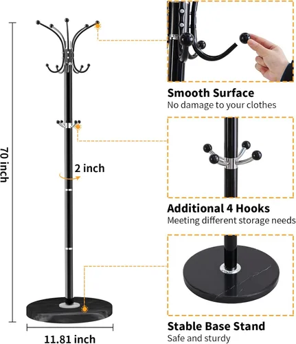Vista 4 de ZOZOE Perchero de metal independiente, perchero moderno con base de mármol natural, diseño giratorio de 360° con 14 ganchos, perchero para colgar