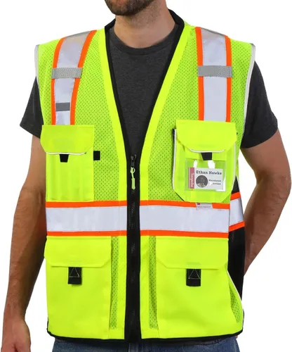 Vista 7 de Neopelta Chaleco de seguridad reflectante de malla naranja, fabricado con cinta reflectante 3M, chaleco resistente con bolsillo para identificación