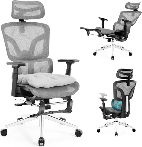 Silla de oficina ergonómica con reposapiés, silla de oficina grande y alta, soporte lumbar ajustable de 4 niveles, bloqueo de inclinación de 155° y