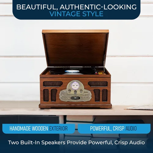 Vista 3 de SoundBeast Tocadiscos todo en uno con reproductor de discos de 3 velocidades, Bluetooth, CD, cinta de casete, radio AM/FM, USB, bocinas integradas