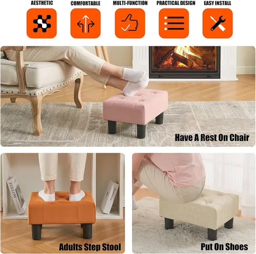 Vista 6 de BRIAN & DANY Taburete pequeño para pies, taburetes de lino con patas, reposapiés pequeño estable para sala de estar, beige