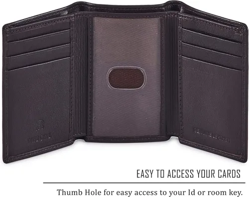 Vista 3 de Cartera de piel auténtica con triple pliegue para hombre, bolsillo frontal delgado, tarjeta de bloqueo RFID